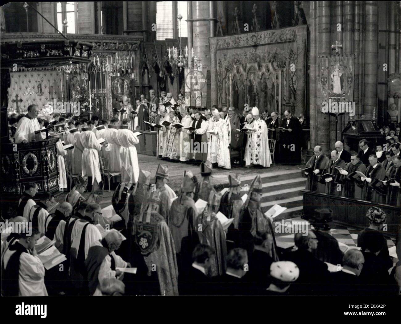 Dec. 28, 1965 - Queen attends Westminster Abbey Inaugural Service ? H.M. The Queen today attended the inaugural service at Westminster Abbey for the celebrations commemorating the 900th anniversary of the Abbey?s consecration. Other members of the Royal Family also attended. Photo Shows: The scene inside Westminster Abbey this morning, during the service. H/Keystone Stock Photo