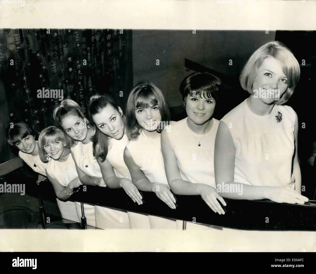 Jan. 01, 1966 - The Jantzen smile girls in London.: Seven American College girls - winners of the Jantzen ''Smile Contest'', arrived in London last evening - continuing their tour of Europe - part of their prize, boasting the company's sales campaign. The girls are here for four days, and they come from all parts of the United States. Photo shows the girls line up during the reception tea at the Hilton Hotel today to meet the Trade Press l t R. Jan Pheles, Tia Tyler, Sanna Saarf, Pat Denne, Kay Cambell, Susan Fennell, and Sally McKeekin. Stock Photo