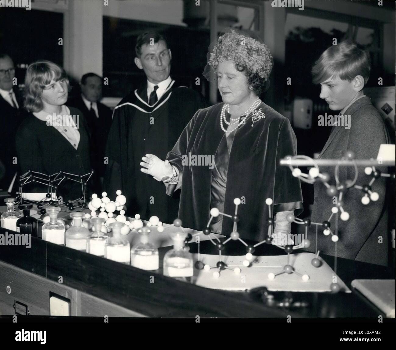 Nov. 11, 1965 - Queen Elizabeth The Queen Mother Visits King Edward School Witley: HM. Queen Elizabeth the Queen Mother, today visited the King Edward's School Witley, and opened a new science block. Picture shows Queen Elizabeth the Queen Mother is watched by pupils as she tours the science lab, after opening the new block. Stock Photo