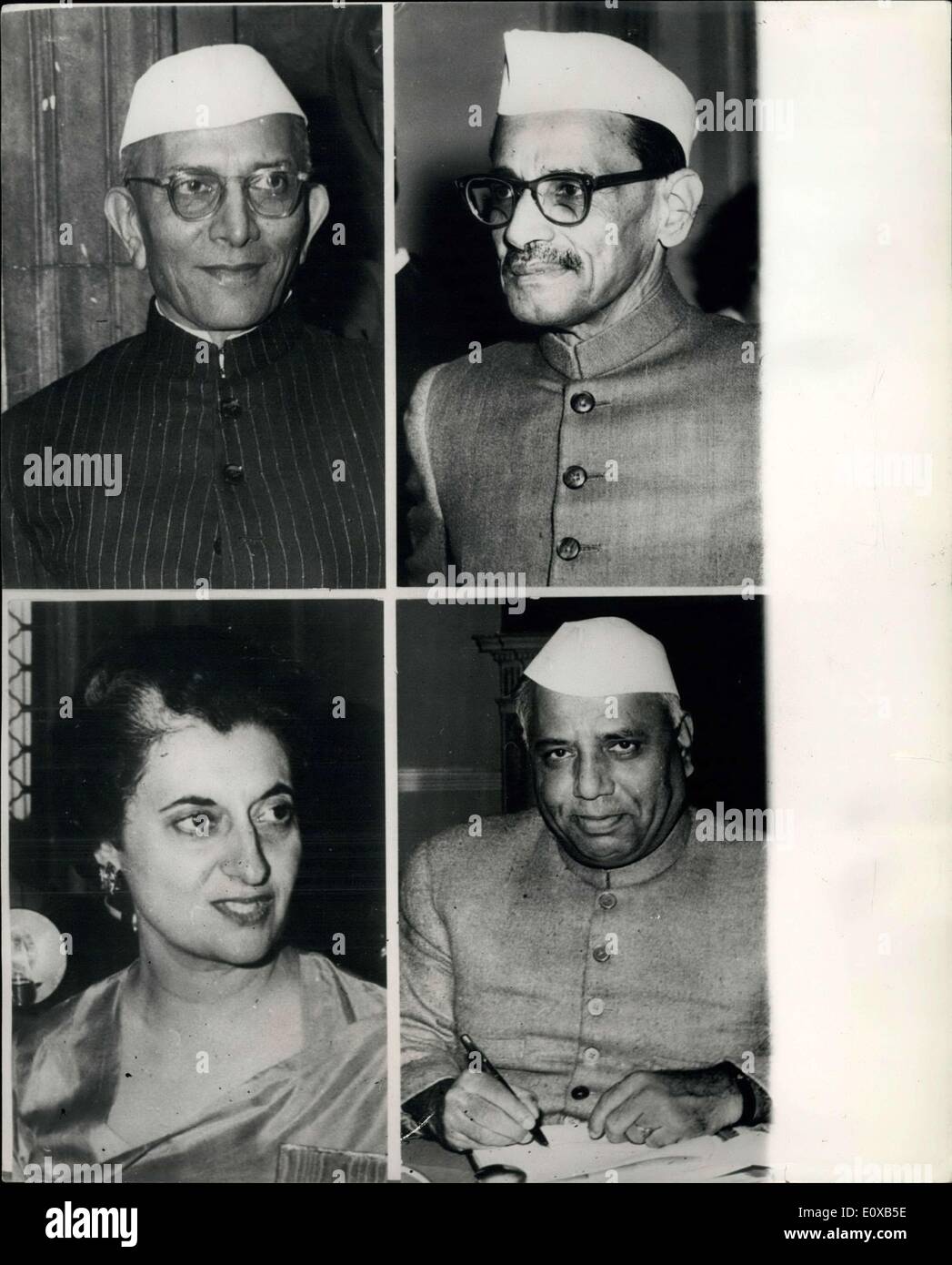 Jan. 13, 1966 - One of These May Succeed Mr. Shastri. Photo Shows:- One of these four could be the possible successor to Mr. Lal Bahadur Shastri, as the next Prime Minister of India. Top left:- Mr. Moraji Desai; Top right: Mr. Gulzarlal Nanda: Bottom left: Mrs. Indira Gandhi: Bottom left: Mr. Y.B. Chavan. Stock Photo