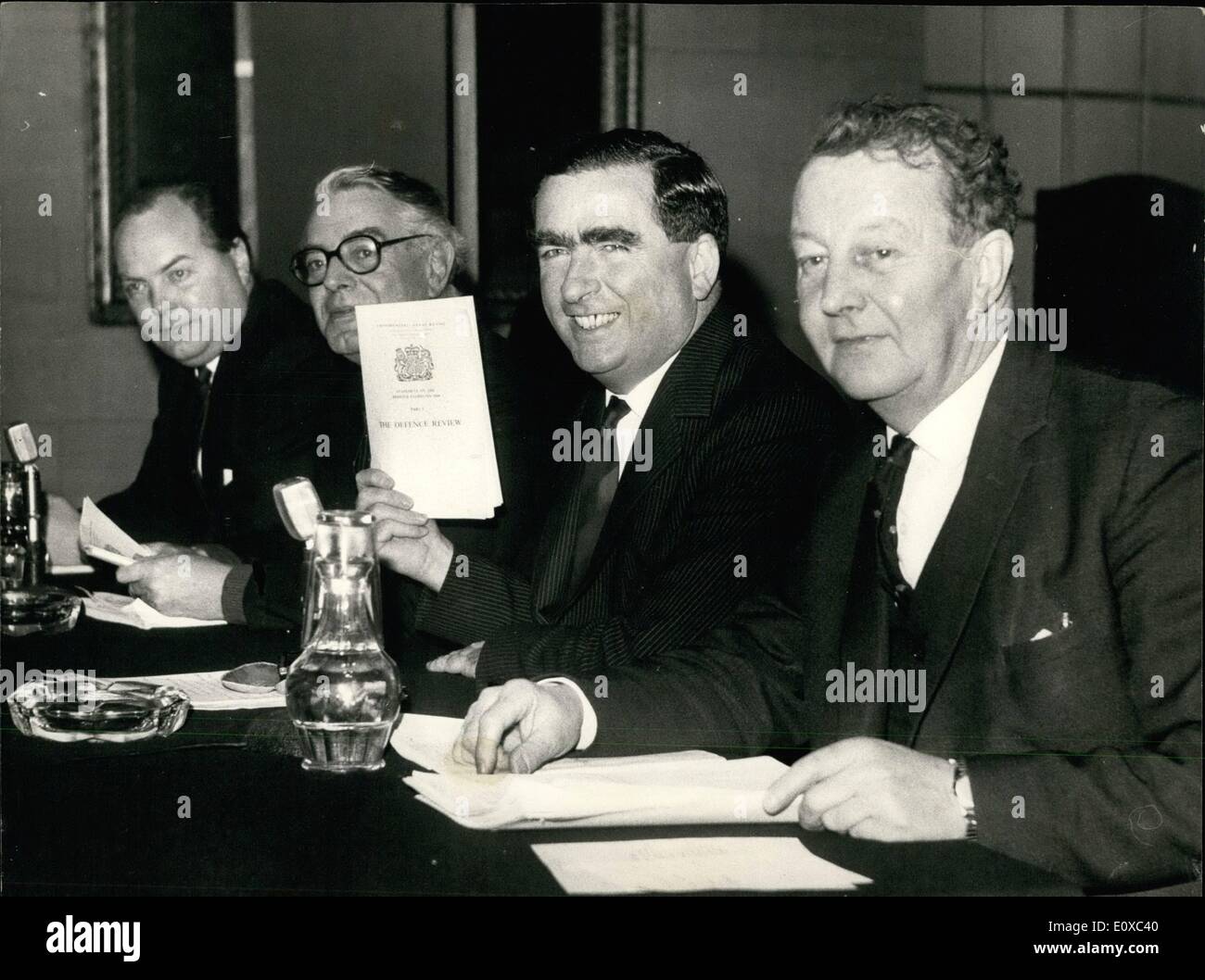 Feb. 02, 1966 - Press Conference on Defence White Paper: A Press Conference was held at the Defence Ministry this morning - when Mr. Denis Healey, the Defence Minister discussed the White Paper of Defence, which comes out today. Photo shows Pictured at the Press Conference today are (L to R): Minister of Defence Army: Mr. Jerry Reynolds; Minister of Defence, R.A.F. Lord Shackleton, Mr. Denis Healey, the Defence Minister and the Navy Minister, Mr. Mallalieu. Stock Photo