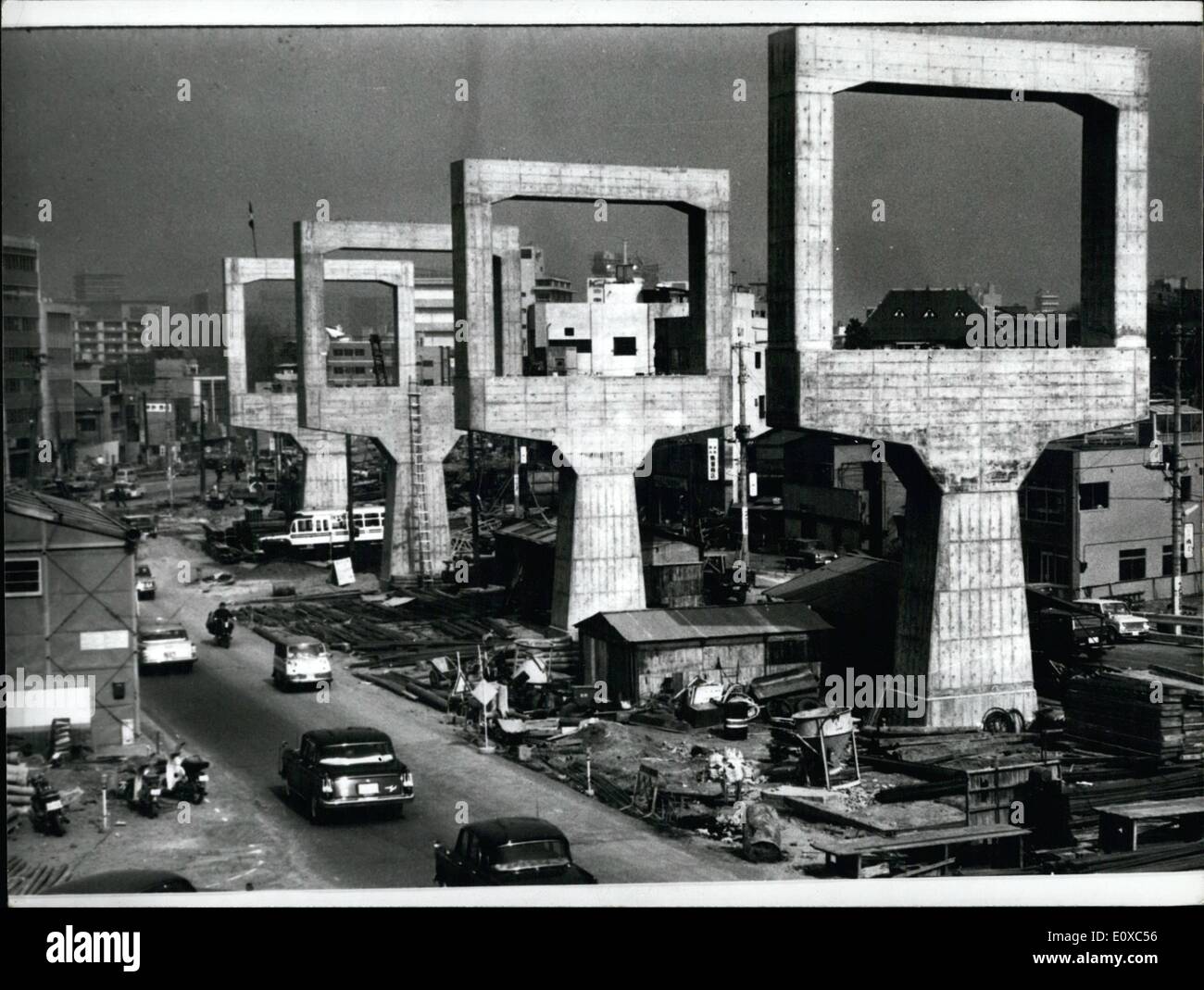 Feb. 02, 1966 - Works in Tokyo: It looks like pop art,but it isn't. The Pillars are in fact intended to support the elevated railway now being built in Tokyo. Stock Photo