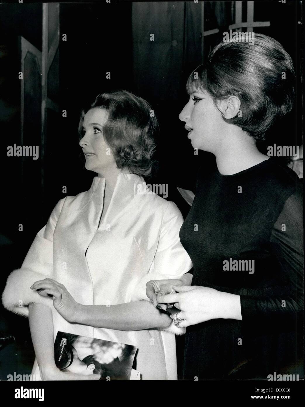 Apr. 04, 1966 - First night of ''Funny Girl'': photo shows Barbra Streisand, the star of ''Funny Girl''. which had its first night at the Prince of Wales Theater, London, last night - pictured, on right after the show with Millicent Martin (left), who congratulated Barbra on her performance. Stock Photo