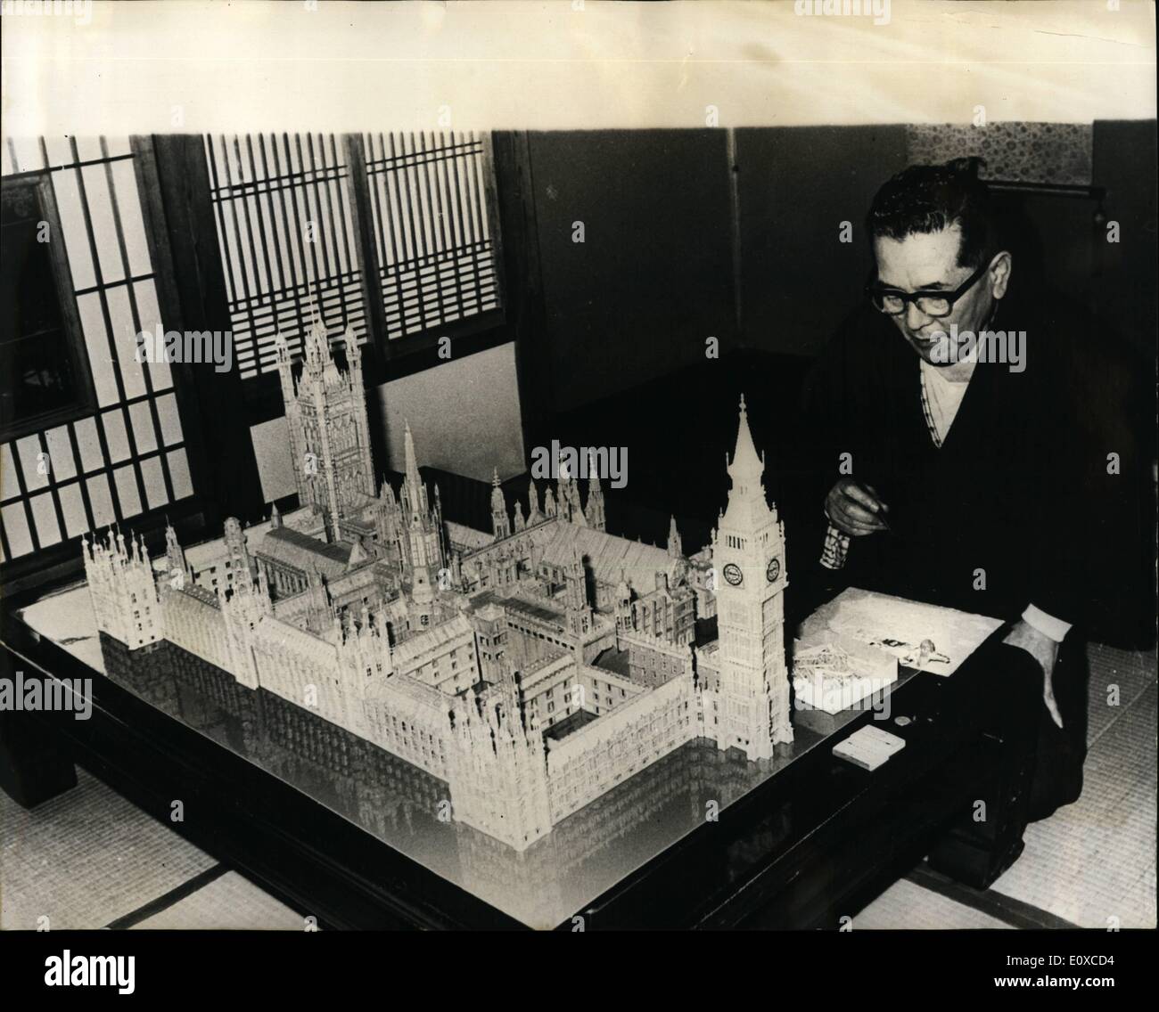 Apr. 04, 1966 - Matchstick model of Parliament Buildings.: Mr. Kiyoshi Yamamoto, a 60 year old retired businessman, of Tokyo, is now completing the intricate tank of building a model of London's House of Parliament, from 50,000 used matches. Since my childhood, said Mr. Yamamoto, I have always been enchanted with the beauty of the Parliament building. He got most of his knowledge of the building from the British Embassy in Tokyo and began his great task with the aid of photographs supplied by the Embassy. Most difficult part of the model, according to Mr Stock Photo