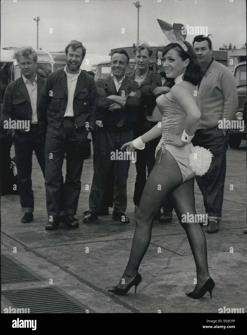 Jun. 06, 1966 - First Continental Bunny for London Playboy Club Arrives From Hamburg: Helga Schramm, a 24 year old from Hamburg, arrived at London Airport today, to begin training as a Playboy Bunny at the London Playboy Club. The London Playboy Club located at 45 Park Lane, will open officially on June 30th. Before becoming a Playboy Bunny, Helga (measurement 34''x25''x35'') worked in Hamburg and English, French and German. At the London Playboy Club, Helga will join 85 British Bunnies at the Bunny Training School Stock Photo