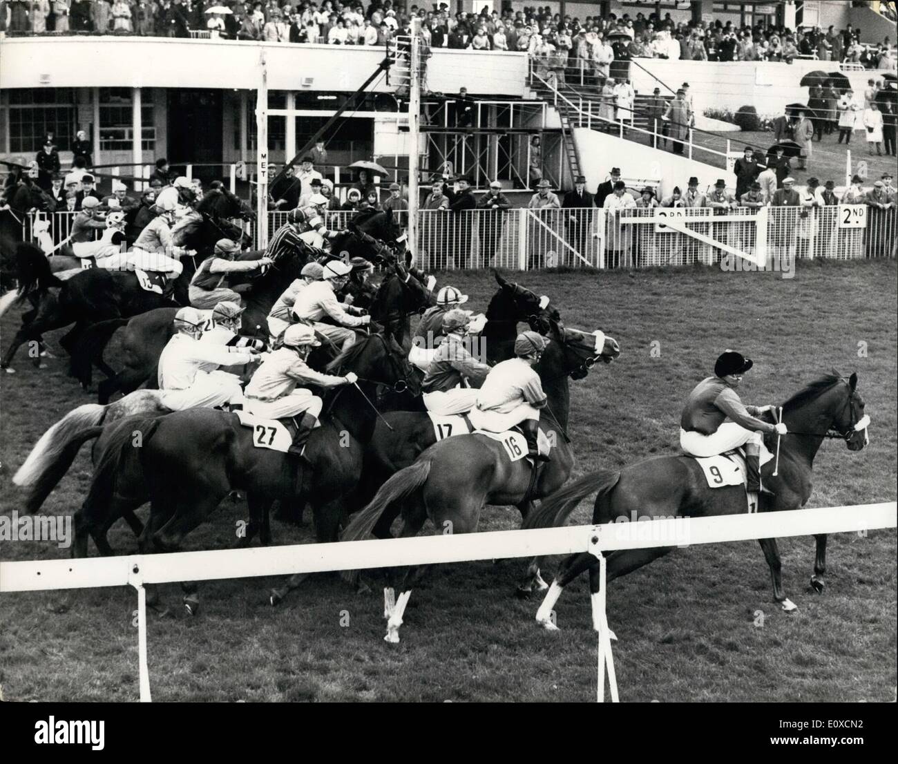 Apr. 04, 1966 - Racing at Epsom. the great metropolitan: Photo shows the scene at Epsom today, at the start of the Great Metropolitan Handicap, run over 2m 2f. The race was won by Cullen (F. Masser(; with Gypsy Refrain (M.L. Thomas), 2nd, and Colonel Imp (C. Gissing) 3rd. Stock Photo