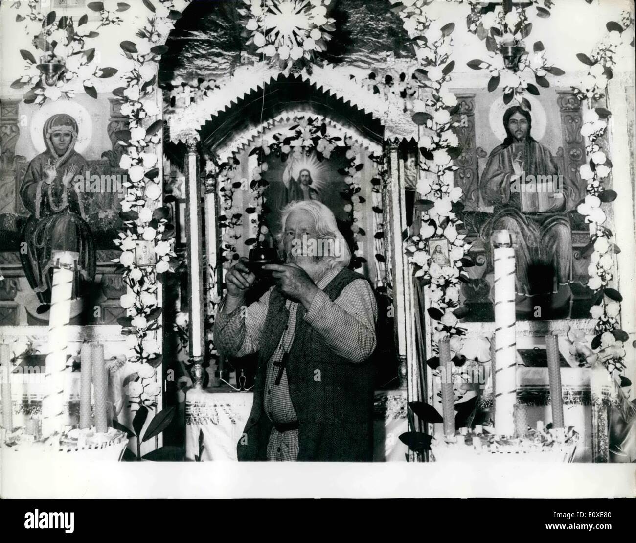 Jul. 07, 1966 - The Last Hermit of the Ravarian Metropolis: This Russian Monk Piotr Timofei, considers himself as the first victim of Munich's New Olympic center, His little church and his place of residence, situated at a little hill in Munich. His Church will have to come down owing to the next Olympic Games which will be held in Munich in 1972 and as the church is on the site on which the games will be held it will have to be pulled down Stock Photo