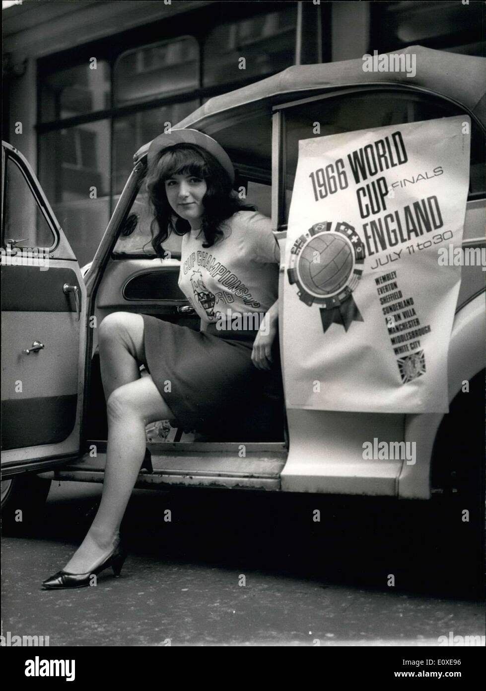 May 09, 1966 - Off to promote world cup products sales: One of the girl members of a team which set off from Holborn today, to promote sales of world cup products throughout the country. She is Sheila Hammons, 20, of Chiswick. Stock Photo