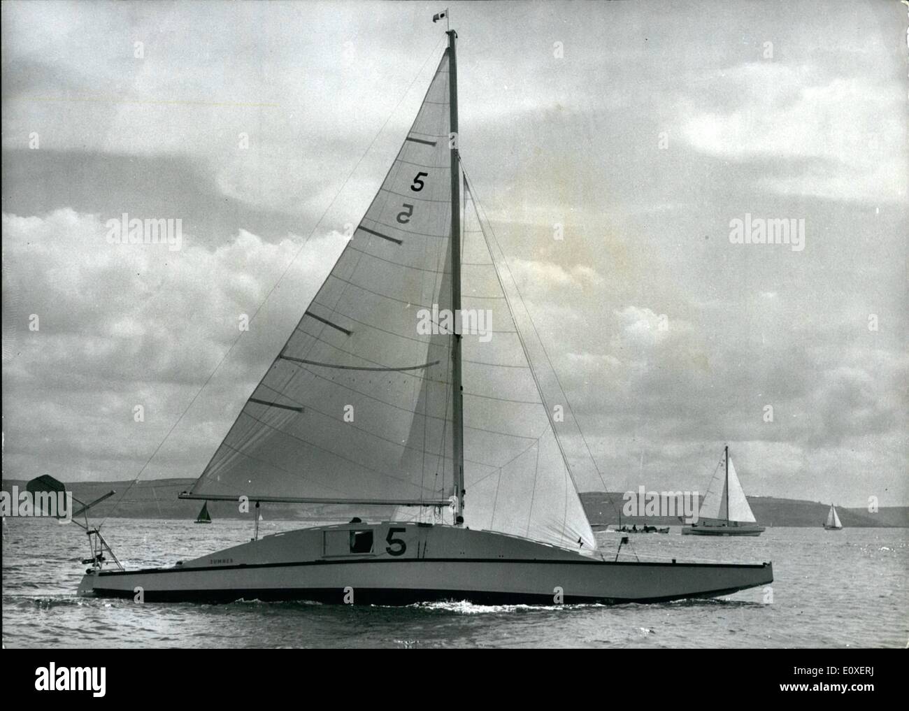 Jul. 07, 1966 - The First Two-Handed Round-Britain Sailing Race Set off From Plymouth: Out from Plymouth sailed 16 vessels bound on a 2,000-mile trip around Britain. They set off in the first two-handed Round-Britain Sailing Race for a trophy and a prize of &pound;1,000. Some of the boats have been specially designed for this particular race. Photo Shows: The yacht ''Sumner'' with an elongated hump on the desk is being sailed in the race by its owner. Lieut-Col. ''Blondie'' Hasler, veteran of solo Trans-Atlantic crossings, and his wife Stock Photo