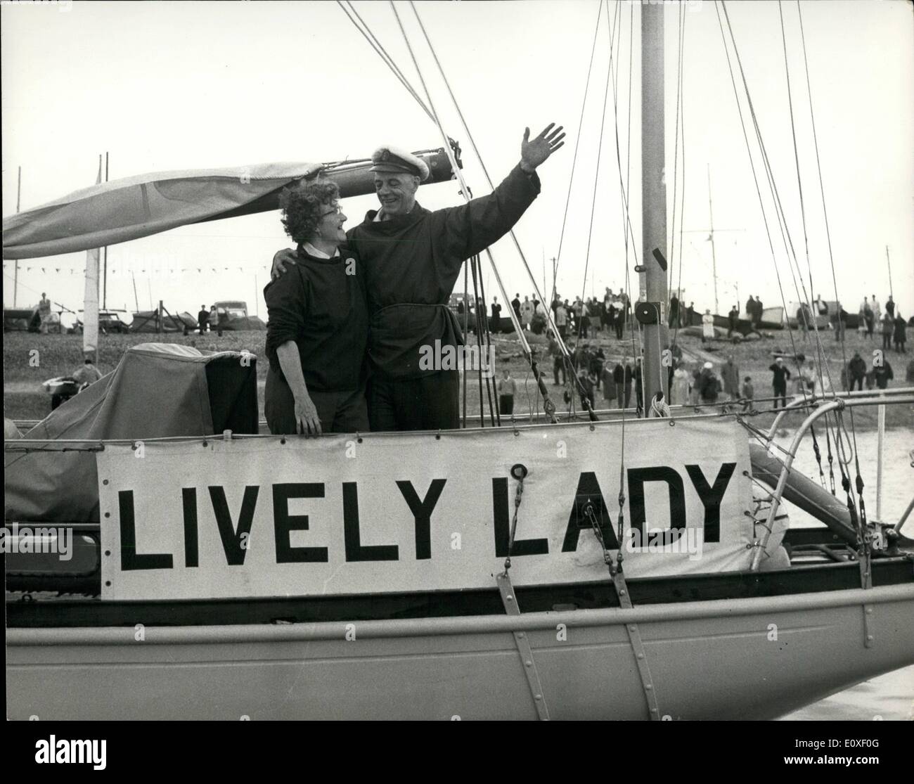 Aug. 08, 1966 - Lone yachtsman sets off on race round world. Mr. Alec Rosy, 58, a Portsmouth greengrocer, set out from Portsmouth today, in his 30 ft. yacht Lively Lady to sail round the world, with only one stop, Australia, which he hopes to reach before the racing marathon expert, Mr. Francis Chichester, who plans to set off in two weeks time in his new 53 ft. yacht, Gipsy Moth IV. They will follow the old racing clipper route to Australia, stopping at Sydney for a short rest. There was a slight mishap as he started, when Lively Lady ran aground Stock Photo