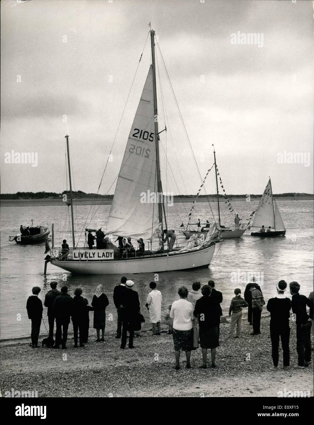 Aug. 08, 1966 - Lone Yachtsman sets off on race round world: Mr. Alec Rose,58, a Portsmouth greengrocer, set out from Portsmouth today, in his 30ft. Yacht ''Lively Lady'', to sail round the world, with only one stop - Australia - which he hopes to reach before the racing marathon expert, Mr. Francis Chichester, who plans to start in two weeks in his new 53ft. Yacht Gipsy Moth IV. They will follow the old racing clipper route to Australia, stopping at Sydney for a short rest. There was a slight mishap as he started, when ''Lively Lady'' ran aground Stock Photo