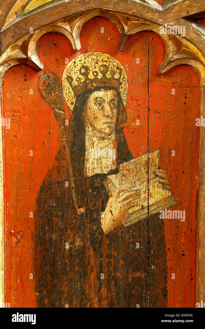 St. Etheldreda, medieval rood screen painting, c.1500, North Tuddenham, Norfolk. Saint, Abbess, Queen of East Anglia saints Stock Photo