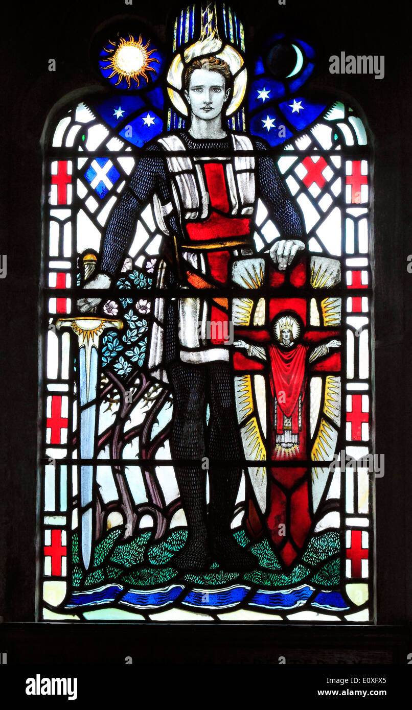 St. George, stained glass window 1920, by Karl Parsons, Arts and Crafts style, memorial window to Capt. Frank Beck, West Newton Stock Photo