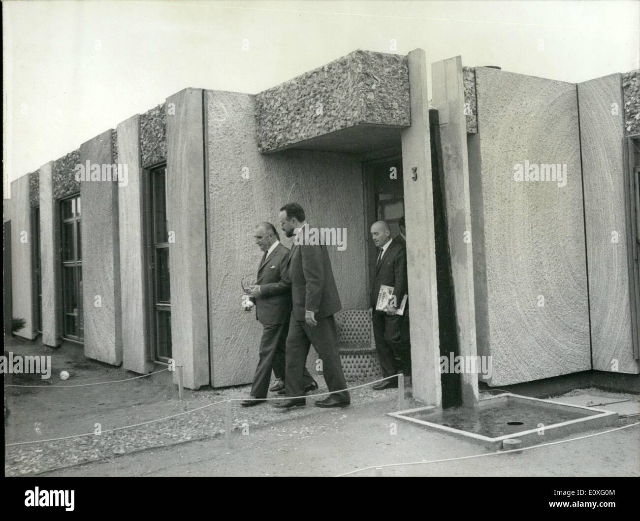 Sep. 09, 1966 - Prime Minster pays visit to expermental village: Today Prime Minster George Pompidou paid a visit to the experimental village recently achieved at Saint Michel-Sur-Orge, near Paris. Photo shows M. Georges Pompidou (left) accompanied by Edgard Pisani Minister of Agriculture, pictured during his visit this morning. Stock Photo