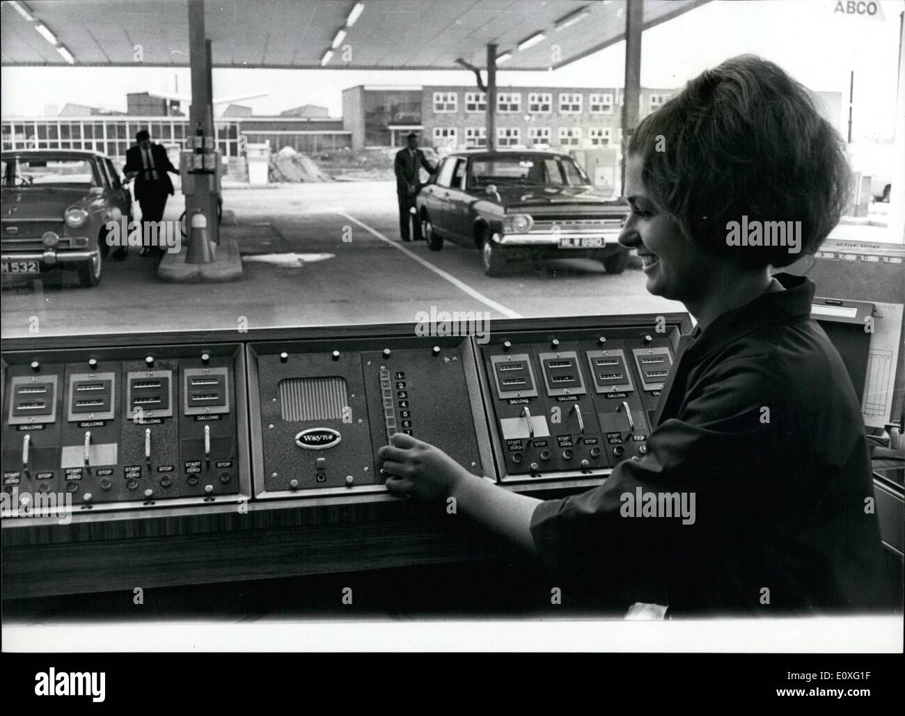 Sep. 09, 1966 - The modern approach to motoring - a garage for the do-it yourself motorist: A new 00.000 Do-it-yourself garage has been spend at Harlow, Essex, which is the last ward in modern thinking. It is self-service-from filling up your petrol tank. to washing lubrication and rearing your ear. equipments is provided, so is professional advice, if you need it. The forecourt attendants (Female, young and pretty) are equipped with roller slates so that they can glide gradually to the meteorite's side to ask what needs doing Stock Photo