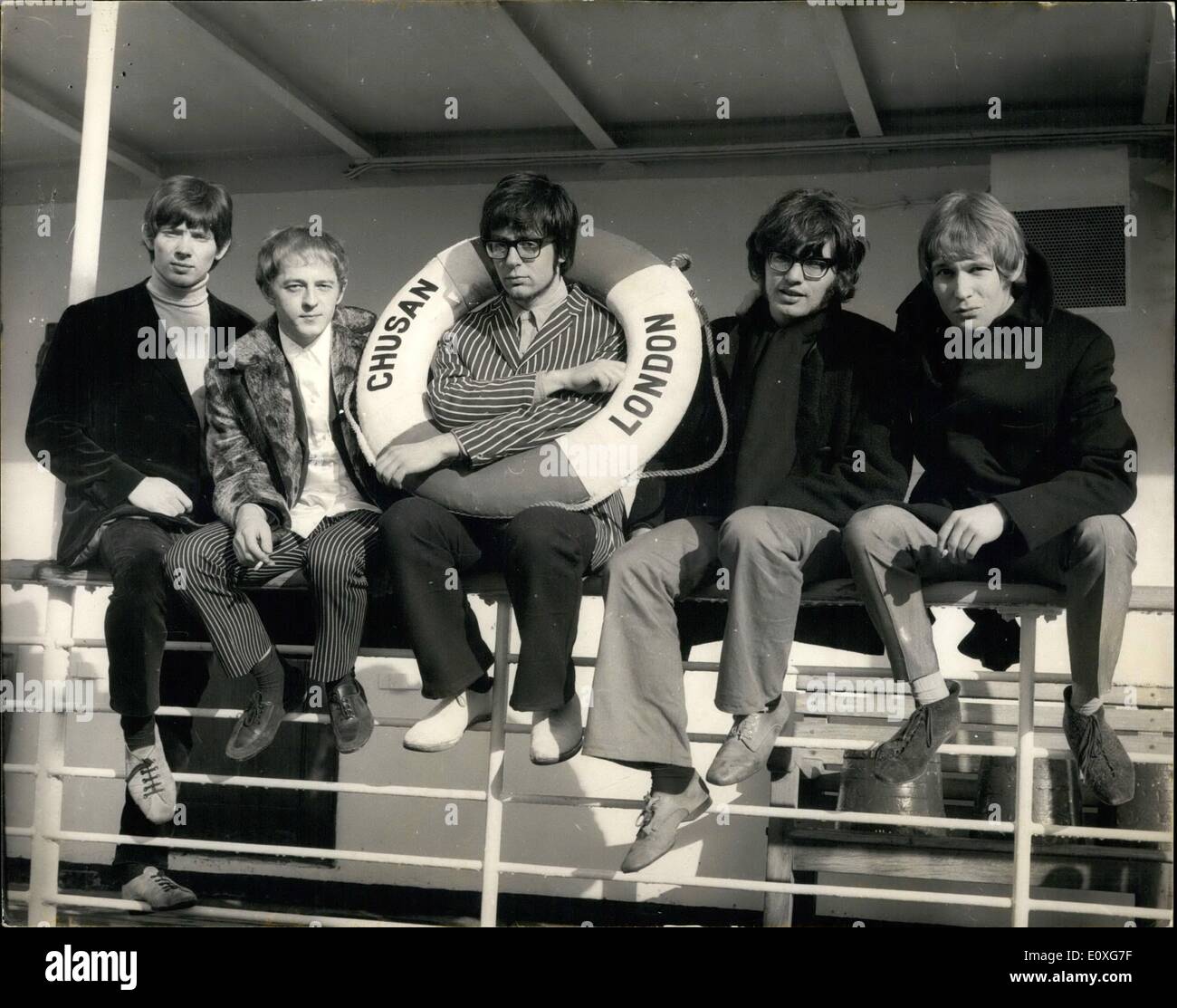 Nov. 11, 1966 - Manfred Mann Group set off on a three weeks Cruise of the West Indies: The Manfred Mann pop group plus wives and children sailed from Southampton today on board the liner ''Chusan'' for a three week West Indies cruise when they will entertain the passengers and play a number of engagements at ports of call during the cruise. Photo shows the Manfred Mann group on board the liner Chusan at Southampton today. (L to R) Klaus Voorman, McGuiness and the new singer Michael D'abo. Stock Photo