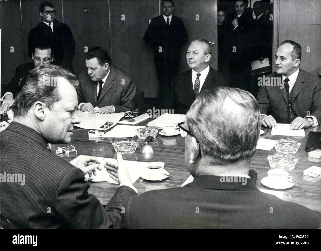 Nov. 15, 1966 - A CDU CSU Coalition Meeting took place in Bonn on Novebmer 15, 1966. They met with the SPD representatives. After the previous day's talks however any coalition between them seems unlikely. Now it looks like a coalition between the SPD and the FDP is liable to be formed. Pictured front row from left to right: Willy Brandt and the representative of chairman Herbert Wehner. Back Row: Parliamentary business leader of the CDU Will Rasner, chairman of the CSU Franz Josef Strauss, Kiesinger, and faction chairman of the CDU/CSU Rainer Barzel. Stock Photo