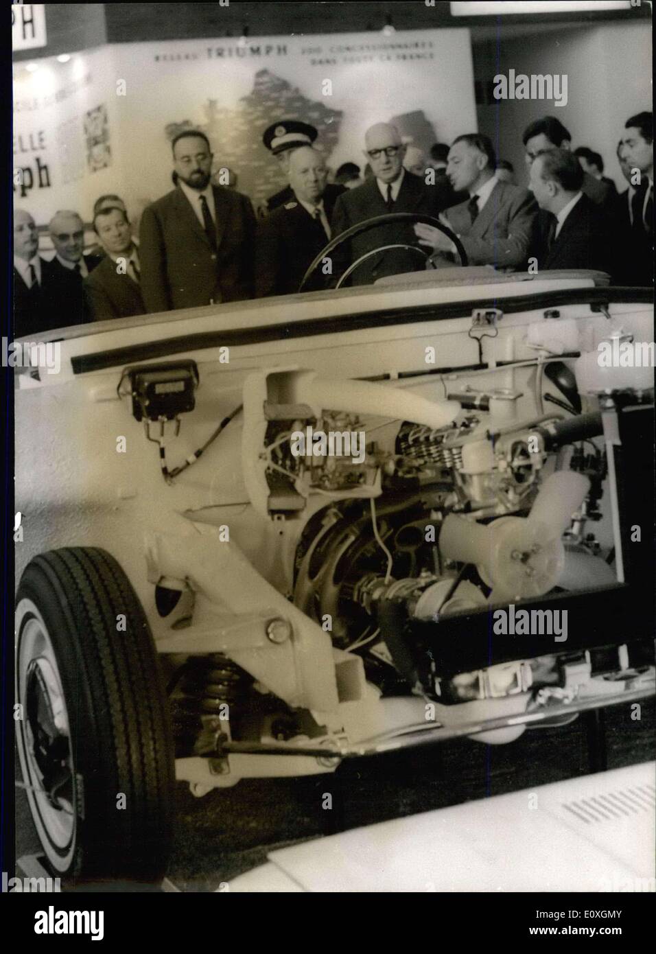 Oct. 07, 1966 - General De Gaulle opens motor show.: General De Gaulle presided at the official opening of the Annual Motor Show in Paris today.Photo shows General De Gaulle pictured during the opening of the motor show, on left M. Edgar Pisani, Minister of equipment. Stock Photo