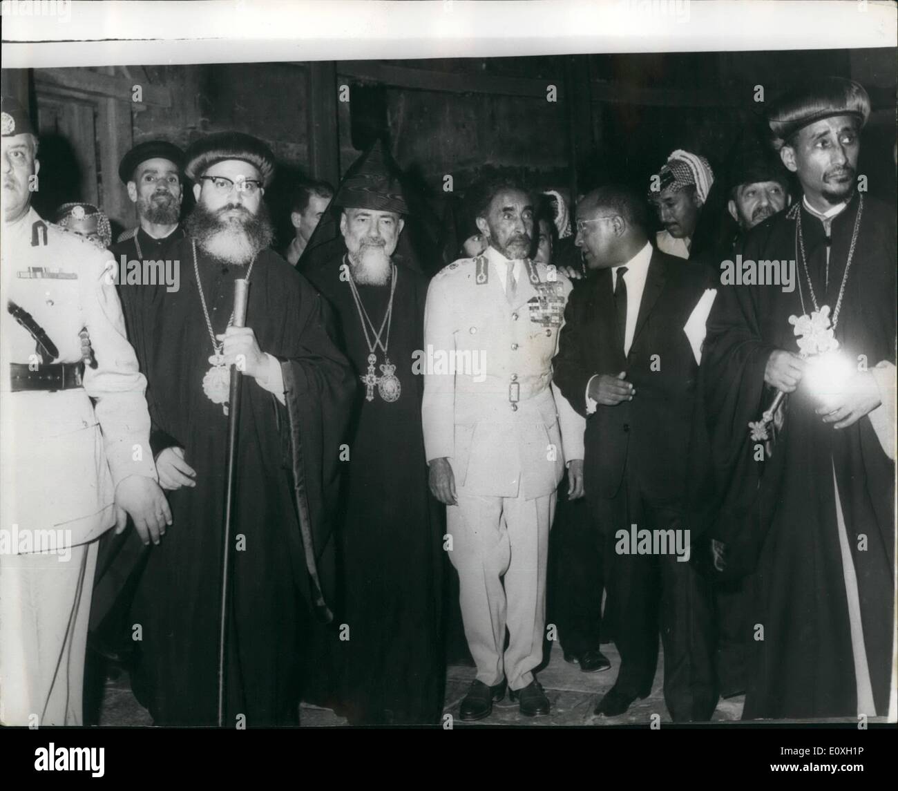 Oct. 10, 1966 - Emperor Haile Selassie visits the Holy Sepulchre in Jerusalem. Photo shows Emperor Haile Selassie of Ethiopia (in centre) who is on a four day State visit to Jordan, pictured during a visit to the Holy Sepulchre in Jerusalem. Stock Photo