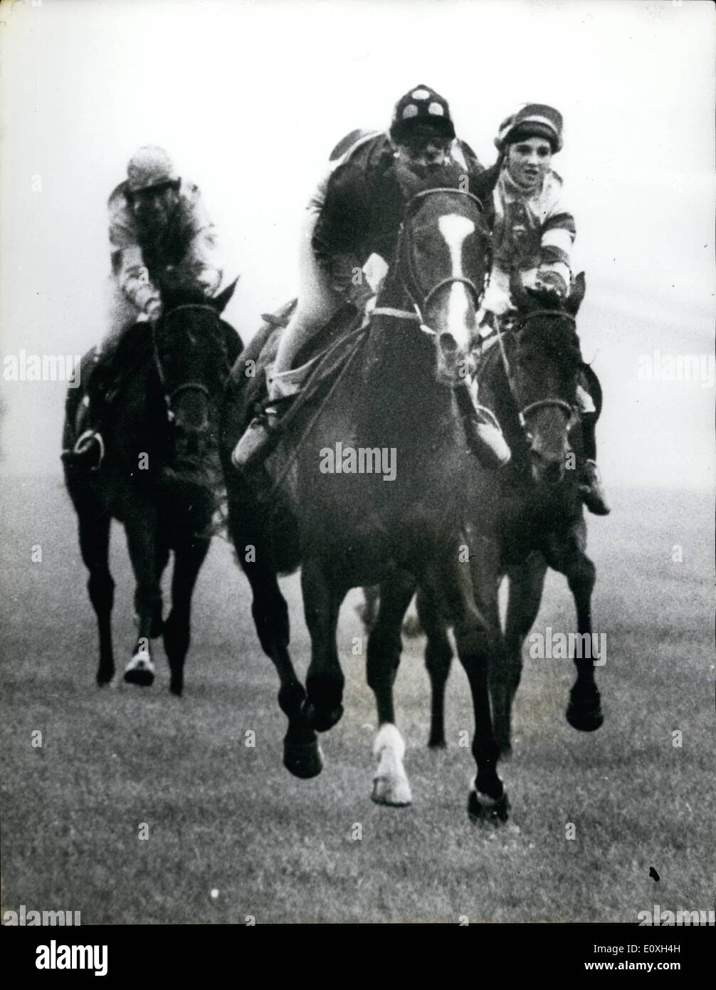 Oct. 10, 1966 - Newmarket Town Plate: The Newmarket town Plate - the only race for women under Jockey Club rules, took place today. The race was won by '' Nikko'', ridden by Mrs. D. Law. Second was '' Queens Tree %, ridden by Marlyn Calvert, aged 12 - the youngest - ever competitor. Photo shows Mrs. D. Law riding ''Nikko'', seen wining the Newmarket Town Plate in a lse finish with Queens tree, ridden by 12-year old Marilyn Calvert (on right), at Newmarket today. Queens Tree was second. Stock Photo