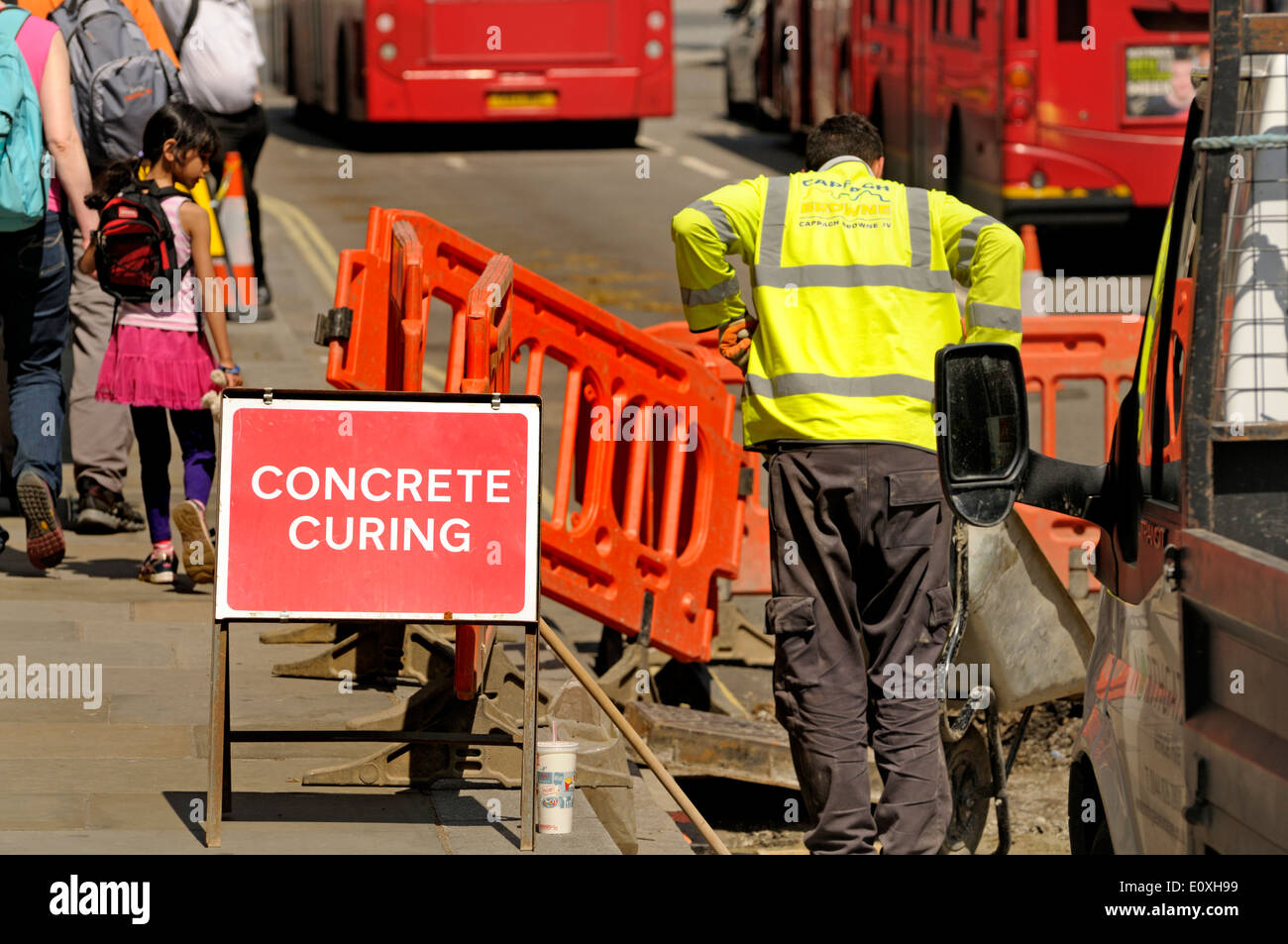 London, England, UK. Roadworks in Whitehall. 'Concrete Curing' Stock Photo