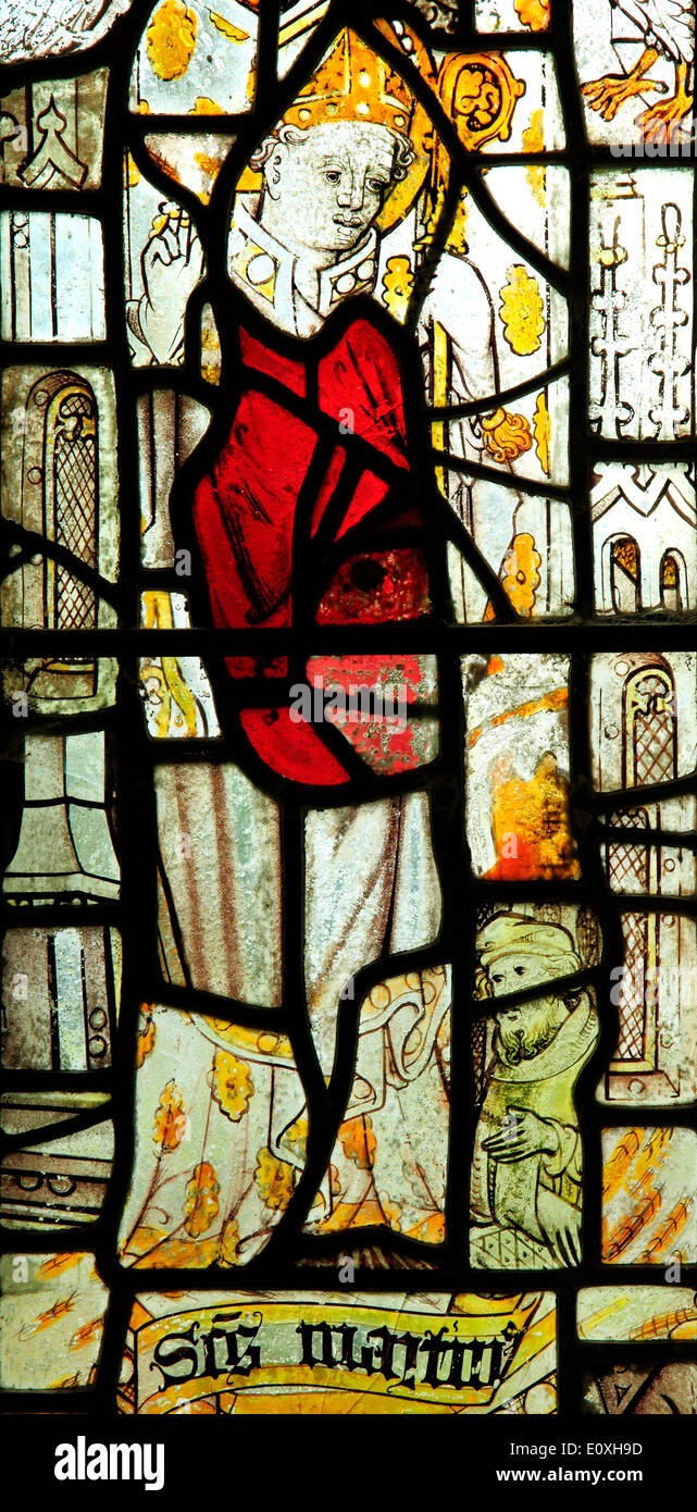 St. Martin, Bishop of Tours, medieval stained glass window, North Tuddenham, Norfolk saint saints Stock Photo