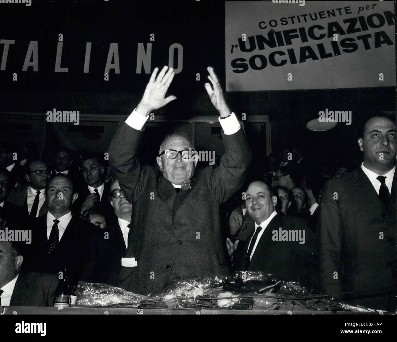 Oct. 10, 1966 - The Italian Socialist Parties celebrated today, at the Sport Palace in Rome, the historic merger of once rival parties into a single socialist bloc, large enough to challenge both Catholics and Communist The Vice Premier Pietro NENNI was cheered President of the New United Socialist Party The merger, me much-needed simplification, ends 19 year of often bitter rivalry between the two parties. OPS . Pietro MEN' cheered President of tree Few Unit,i Socialist Party. Stock Photo