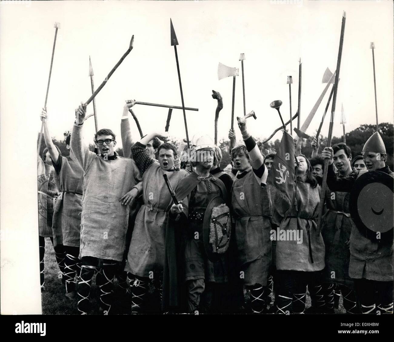 Oct. 10, 1966 - Battle of Hastings 1966: A 1,000 students re-fought the Battle of Hastings today in Pageant commemorating 1066 this realistic portrayal of this historic Battle on part of the original battlefield the two sides were made up from students from Kent (Saxon) and Sussex (Norman) Universities. The part of King Harold was played by Major Livermore, Bexhill Amateur Theatrical Society, and William the Conqueror, by Charles Gordon-Durn-and the winner was William the Conqueror once again. Photo shows King Harold seen with some of his men before the start of the second Battle of Hastings. Stock Photo