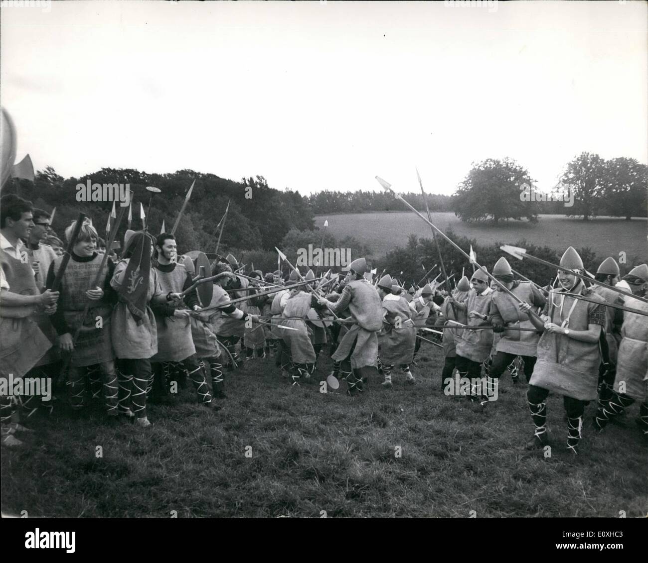 Oct. 10, 1966 - Battle of Hastings 1966 : A 1,000 students re-fought the Battle of Hastings today in a pageant commemorating 1066 this literalistic portrayal of this historic Battle on part of the original battlefield -the two sides were made up from students from Kent (Saxon) and Sussex (Norman) universities. The part of king Harold was player by Major lover more, bashill amstour theatrical Society, and William the Conqueror by Charles Gordon -Durn - and the winner was William the conqueror once again Stock Photo
