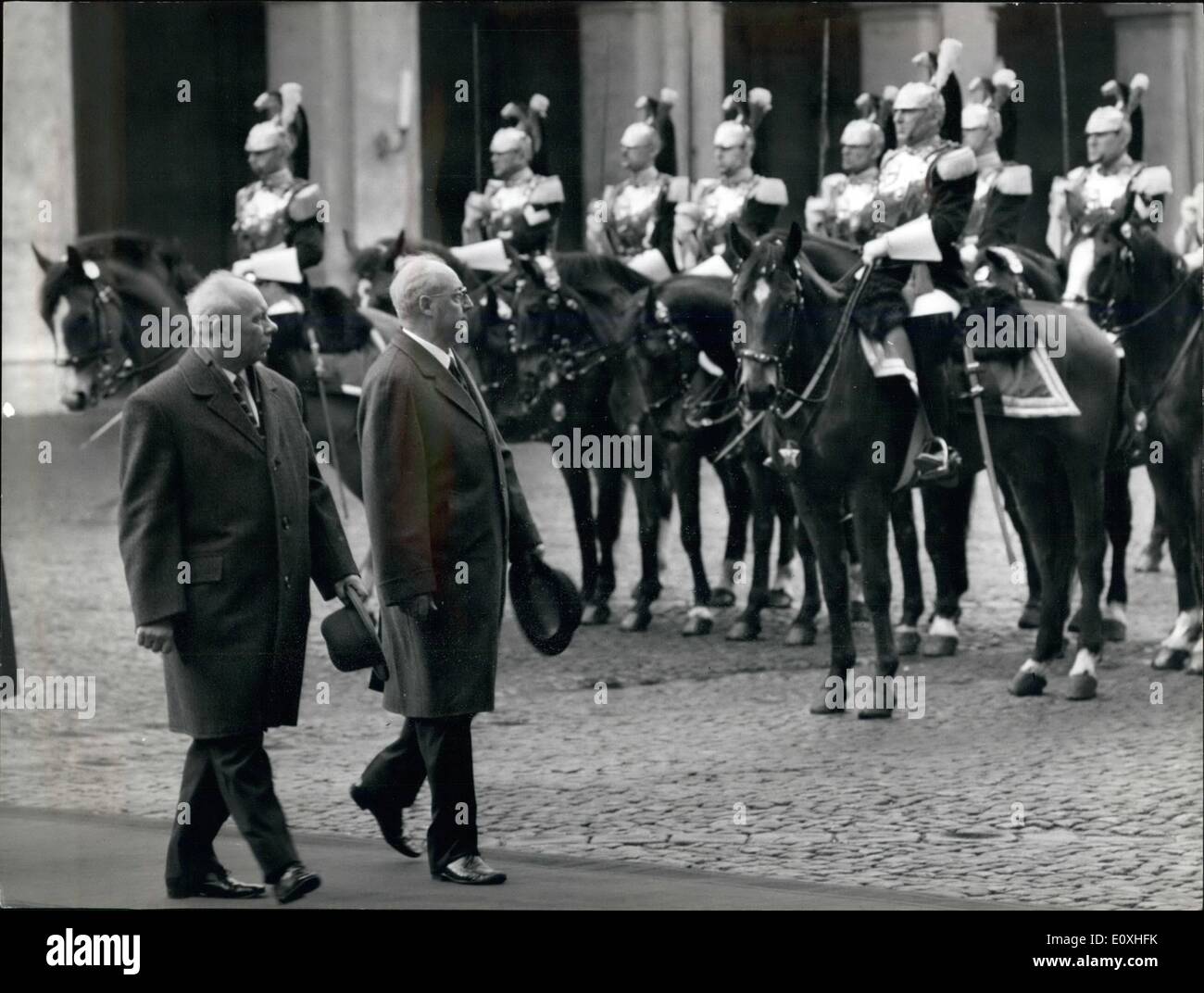Jan. 01, 1967 - President Nikolai Podgorny - the first Soviet head of state to visit the country - arrived today in Rome for a week-long visit to Italy. The last visit by a Russian head of state to Italy was by Zar Nicholar II in 1909. The Podgorny visit returns one by then President Giovanni Gronchi to Moscow in 1960. Photo shows President Nikolai Podgorny and President Giuseppe Saragat inspecting the ''Corazzieri'' guard, in the yard of the Quirinale Palace. Stock Photo