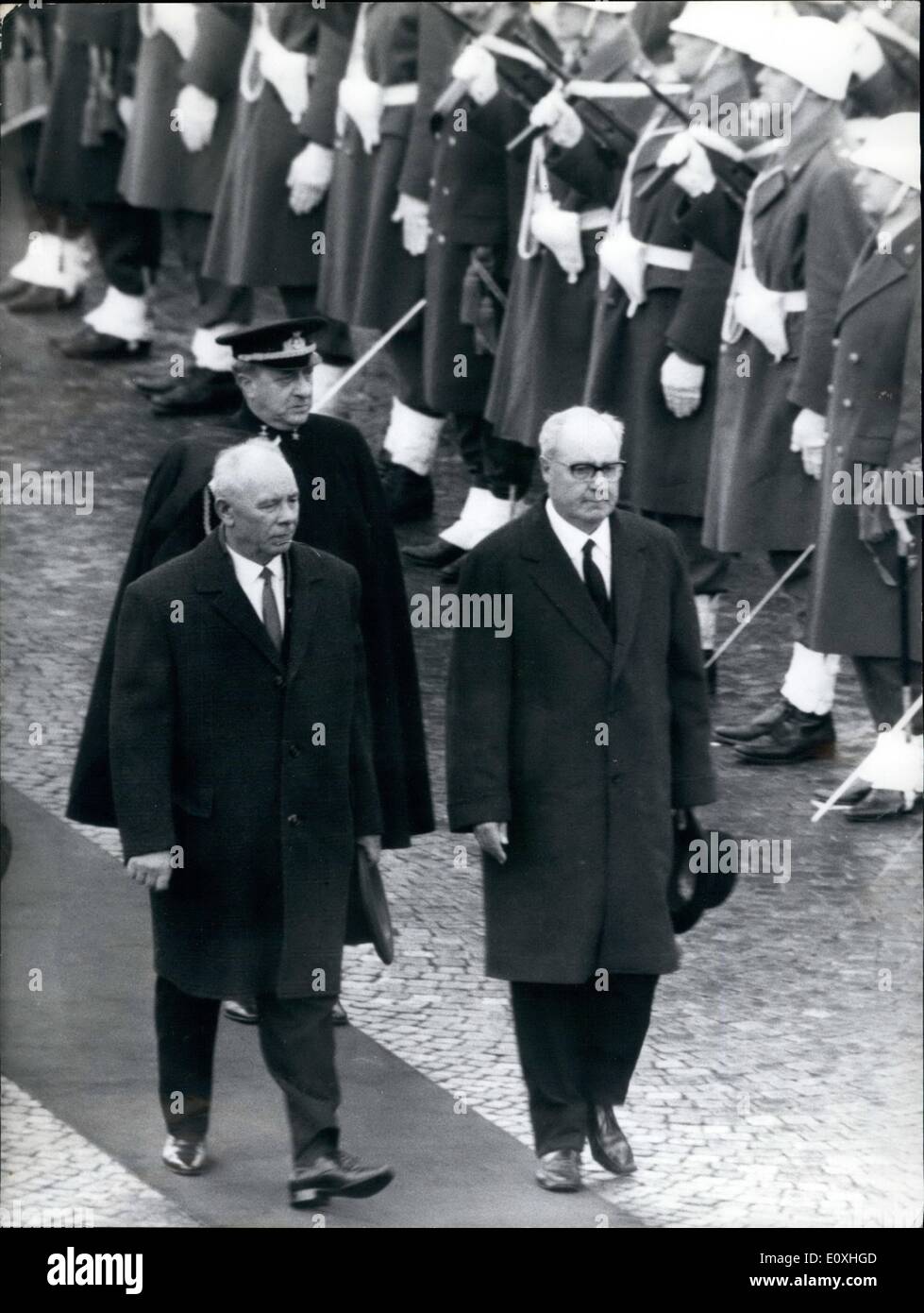 Jan. 01, 1967 - President Nikolai Podgorny - the first Soviet head of state to visit the country - arrived today in Rome for a week-long visit to Italy. The last visit by a Russian head of state to Italy was by Zar Nicholas II in 1909. The Pedgorny visit reture one by then President Giovanni Grenchi to Moscow in 1960. OPS- President Nikolai Pedgorny accompanied by President Giuseppe Saragat inspecting the guard of honour after his arrival at the Ciampino Airport. Stock Photo