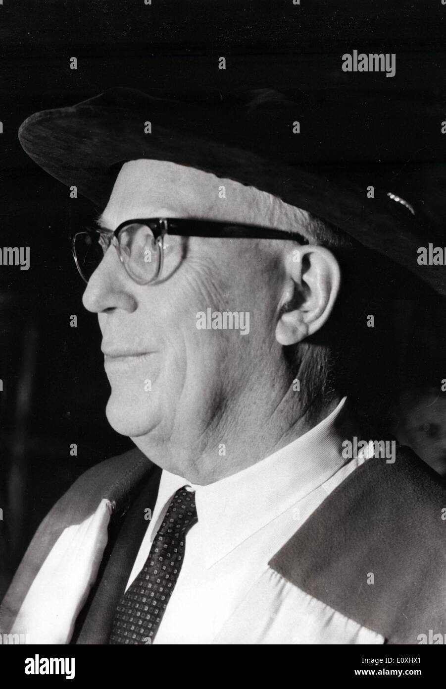 Jan. 01, 1967 - Montreal, Quebec, Canada - File Photo: circa 1967. Half a century after the historic ruling in Brown v. Board of Education that overturned segregated education, the US is marking 50 years of racial school integration. Supreme Chief Justice EARL WARREN, at the opening for the new McGill University Law School. In Brown v. Board of Education, Warren authored the landmark decision establishing that ''separate educational facilities are inherently unequal.'' This ruling overturned the previous holding of Plessy v. Ferguson. Stock Photo