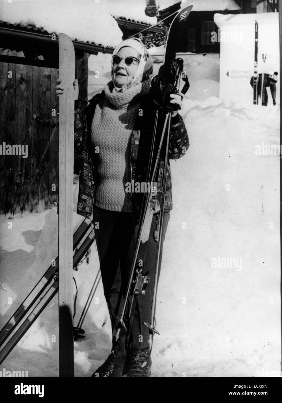 Queen Juliana skiing at the tourist center of Grndelwald Stock Photo