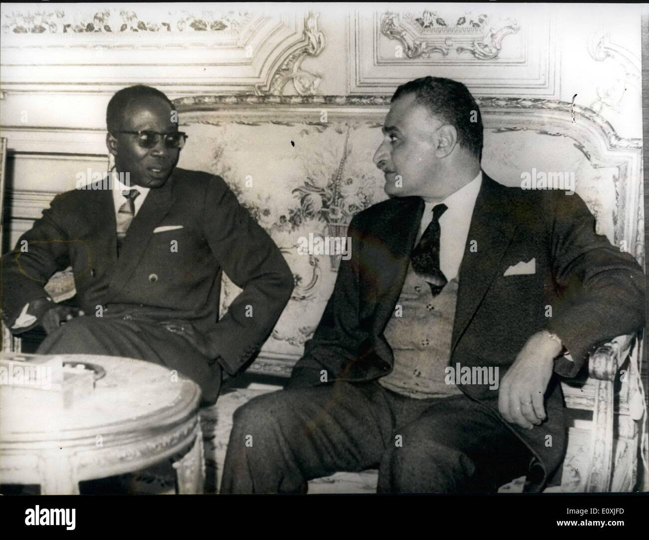 Feb. 02, 1967 - PRESIDENT OF SENEGAL IN CAIRO President of Senegal Leopold Sedar Sengher arrived in Cairo, last weekend for a seven day state visit. PHOTO SHOWS:- President SENGHOR seen during his talks with President NASSER in the Kubbeh Palace. Stock Photo