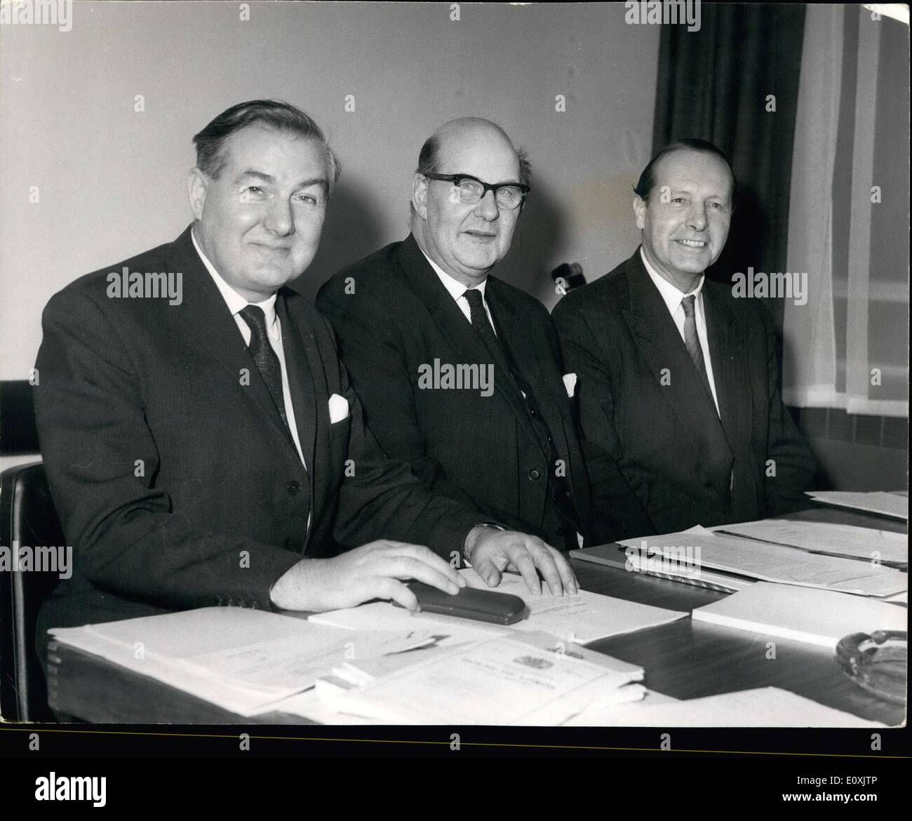 Feb. 02, 1967 - First meeting of the decimal committee : The first meeting of the decimal committee, tock place this afternoon at standard house, northumberland avenue, in London. photo shows (L to R) Mr. James Callaghan, the chancellor of the exchequer Sir William Fisk, c.b.e. (chairman) , and Lord Errell of Hale (deputy chairman), at the meeting today. Stock Photo