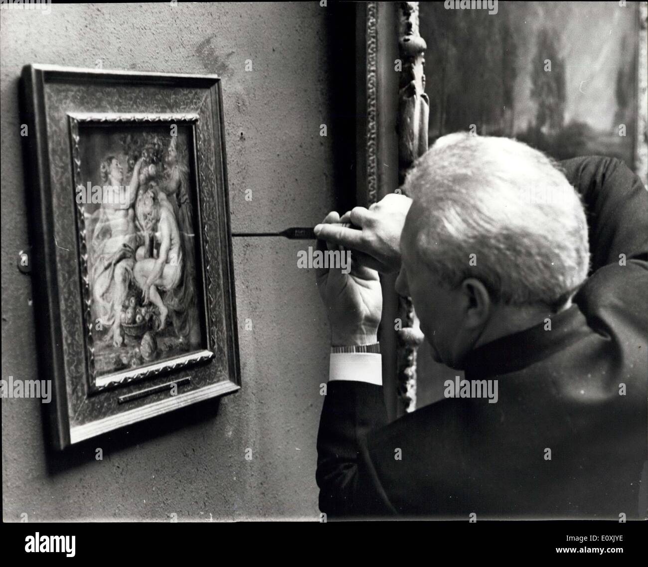 Mar. 03, 1967 - Stolen' Painting on view. Private View of Dulwich College Picture Gallery.: At the Dulwich College Picture Gallery today, Sir Gerald Kelly, K.C.V.C., P.P.R.A., presided at a private press view of the eight paintings which were stolen from the Gallery at the end of last year (30th/31st December 1966).. The paintings, valued at between ? 1 and 2 million 3 Rembrandts, 3 Rubens, 1 Elsheimer, 1 Dou - were recovered a few days after the robbery. They did not suffer any serious damage Stock Photo