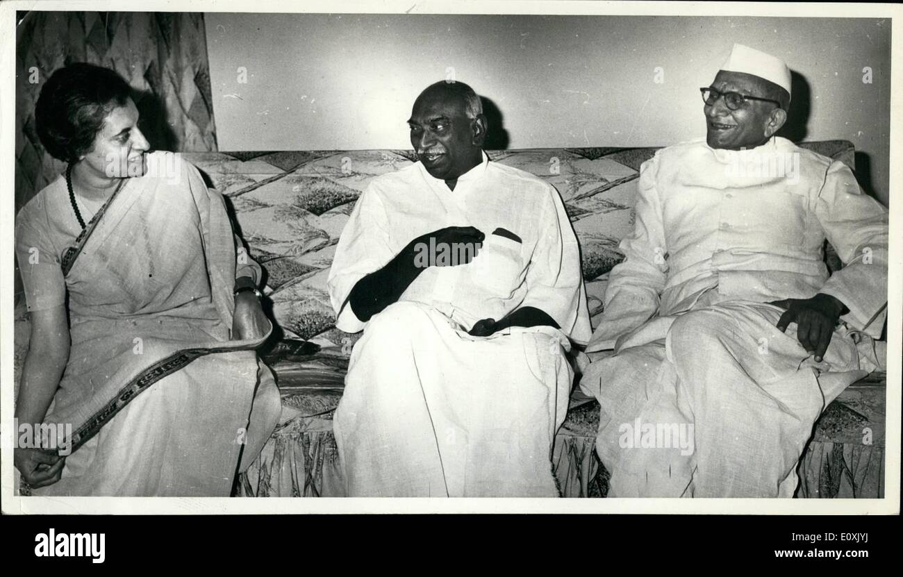 Mar. 03, 1967 - Mrs. Indira Gandhi and Mr. Morarji Desai (extreme right) contenders for the Congress Parliamentary Party leadership with Mr. Kamaraj, Congress President, in New Delhi. Stock Photo