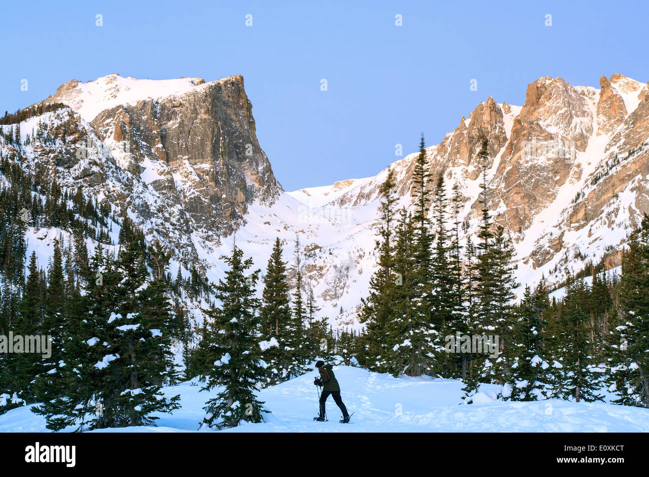 Snowshoer and Hallett Peak (12,713 ft.) in winter, Rocky Mountain National Park, Colorado USA Stock Photo