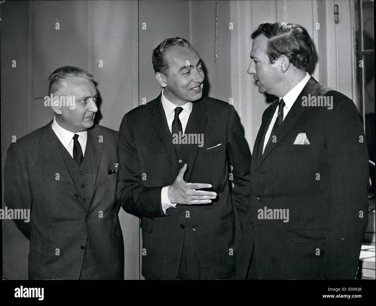 May 05, 1967 - air Bus Lines to Operate Before 1971: Talks for the creation of air bus lines (each air bus accommodating approximately 250 passengers ) for the Paris- Rome- London service) opened in Paris today. The New Lines are planned to be operational before 1971. Picture Shows: From Left to Right: Herr Shoellohorn, German state secretary for Economy, M./ Betten Court, state secretary of the french foreign office deputising for Minister of Transport Chamant, and Mr. Stonehouse, The British Minister of Transport. Stock Photo