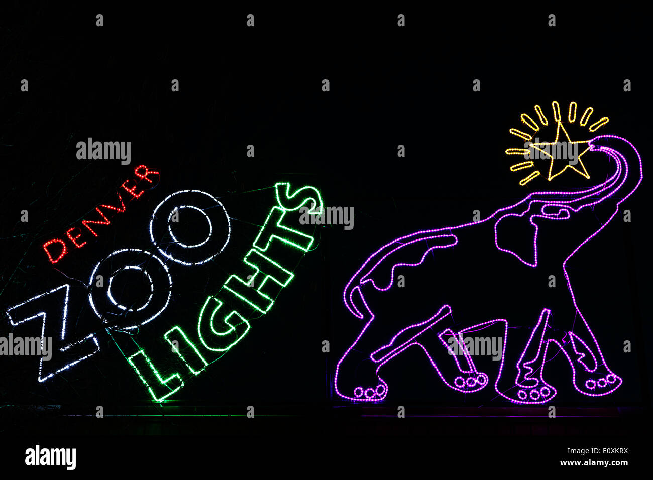 Denver Zoo Lights sign and elephant display, Denver Zoo, Denver