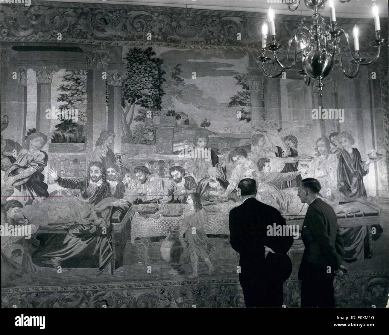 May 05, 1967 - Royal ''Tapestries'' On View At Hampton Court. Two More Tudor Rooms Open To The Public.: Three 17th-century 'tapestries'' which used to hang in Buckingham palace are to be on view to visitors to Hampton Court Palace from tomorrow (9th. May). They have been generously lent by H.M. The Queen, and will be the principal feature of two Tudor rooms at Hampton Court, which have been restored by the Ministry of Public Building and Works and were not hitherto open to the public Stock Photo
