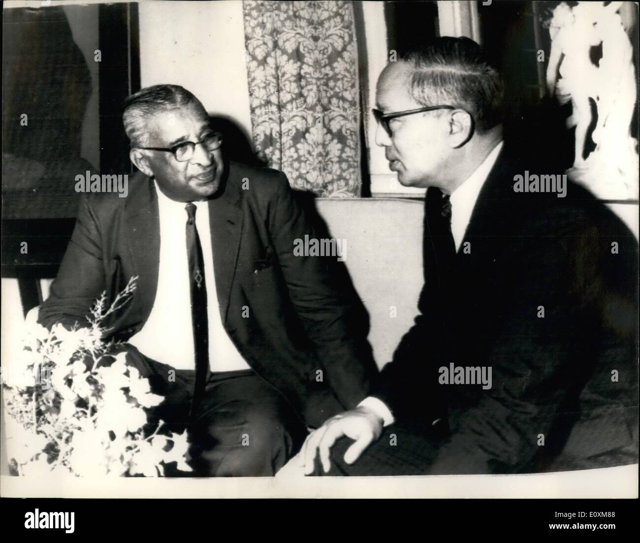 Apr. 04, 1967 - Ceylon Prime Minister Puts Vietnam Peace Plan To U. Thant In Colombo: Mr.Synanayake, Prime Minister of Ceylon has appeared a new peace plan to the North Vietnamese to end the Vietnam war. U Thant, the United-Nations Secretary-General has arrived in Ceylon to discuss Mr. Senanayake's proposal for the new peace plan in Vietnam.Phot Shows Picture received today showing U. Thant discussing the new Vietnam peace plan with Ceylon's Prime Minister, Mr. Sananayake in Colombo. Stock Photo