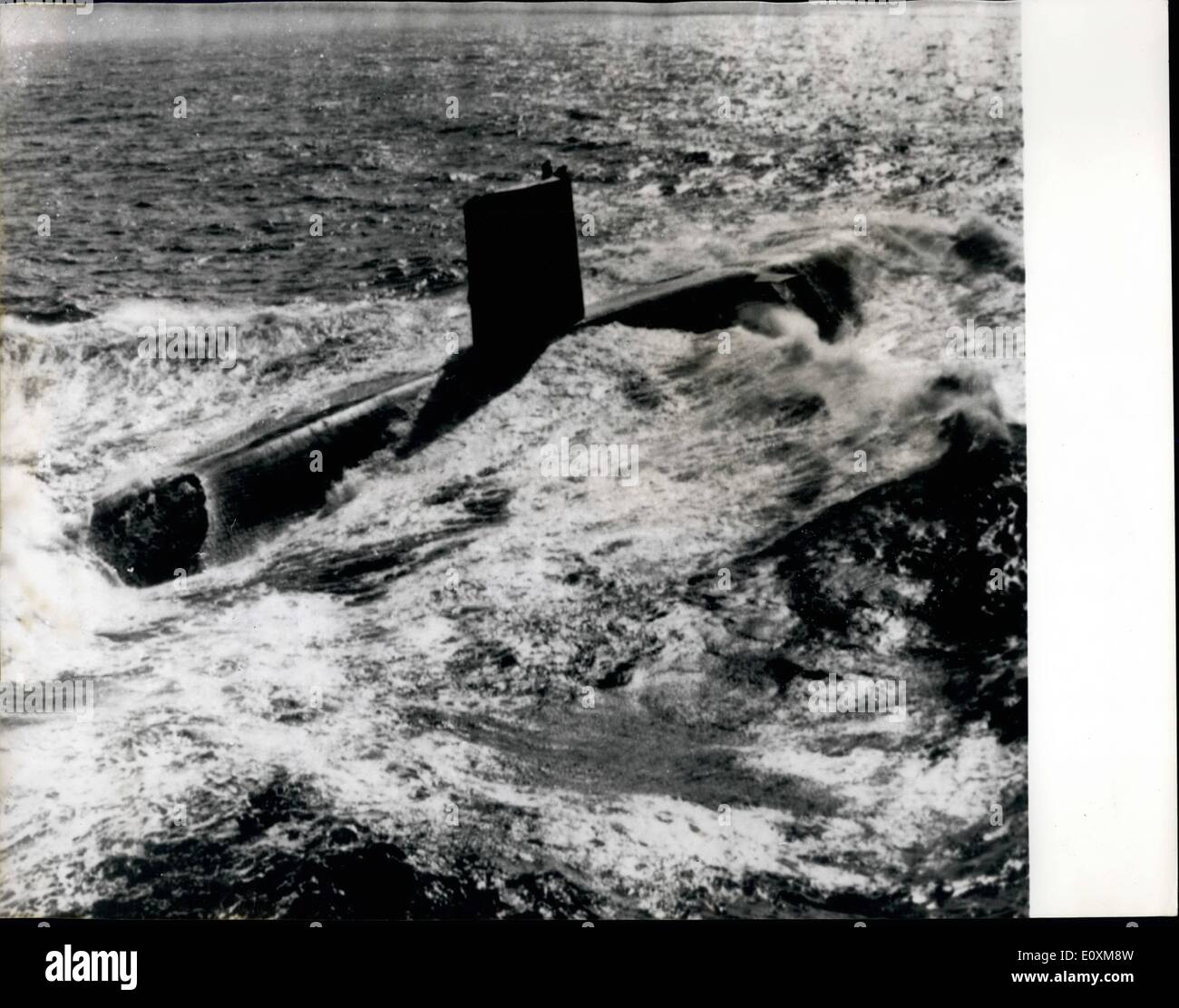 Apr. 04, 1967 - Nuclear Submarine Valiant Surfaces After Record Voyage From Singapore: H.M.S. Valiant (Commander Peter Herbert), the nuclear-powered submarine (3,500-tons), shown at speed after surfacing off North West Ireland, on completion of her 12,000-mile underwater voyage from Singapore - a record for a British submarine. Stock Photo