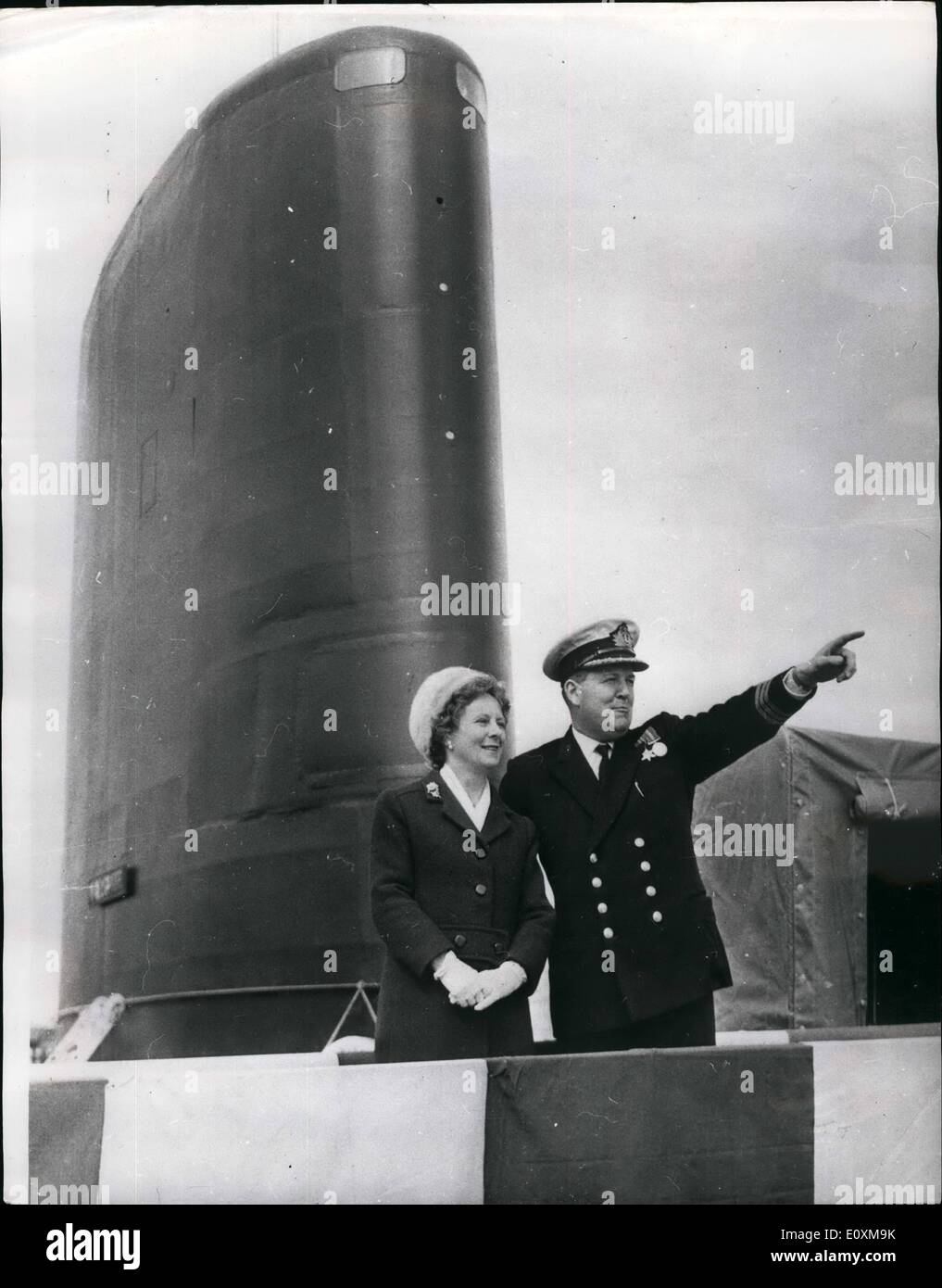 Apr. 04, 1967 - Third British Nuclear Fleet Submarine '' Warspite'' Commissioned: Britain's third nuclear Fleet submarine H.M.S. Warspite, was commissioned for service with the Royal Navy at the Barrow-in-Furness Yard of Messrs. Vickers Limited (Shipbuilding Group), yesterday. The guest of honour at the ceremony was Mrs. Wilson wife of the Prime Minister. Mrs. Wilson named the submarine at the launch is September 1965. The Warspite, which is of all-British construction, has a lenghth of 285-feet, and a beam of 33 feet Stock Photo