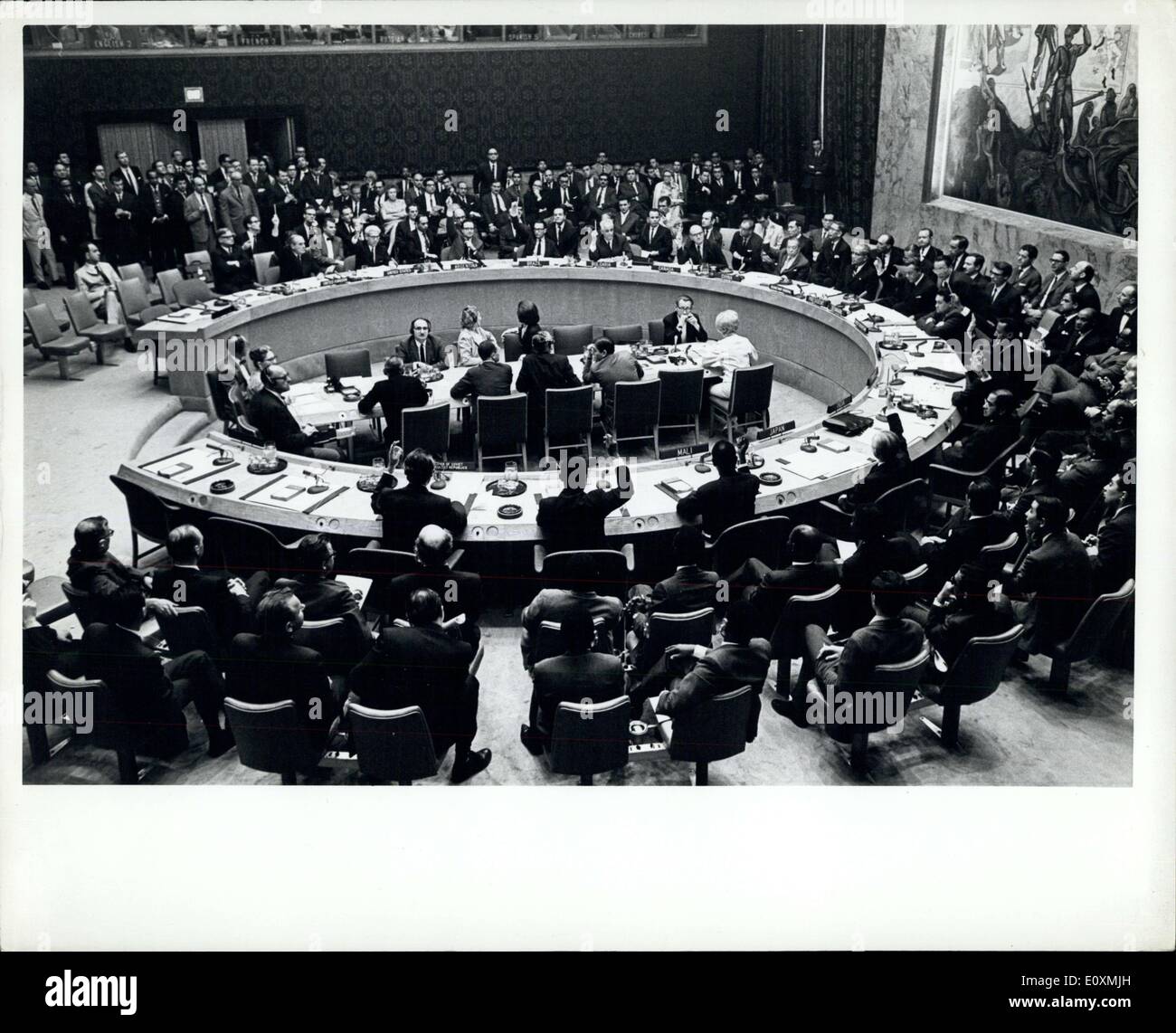 Jun. 06, 1967 - The Security Council tonight Unanimous called upon the Governments Concerned in the Present hostilities in the Middle East, ''as crase-first step, to take forthwith all manures for an immediate crease-fire and for a cesation of all military notivities in the arms''. The Security--General was asked to keep the Council ''propmptly and currently informed on the situation'' The draft resolution adopted tonight was put forward at the start of the meeting by the President of the Council, Bebe R. Tabor, following Consultations held by Council members yesterday and today. Stock Photo