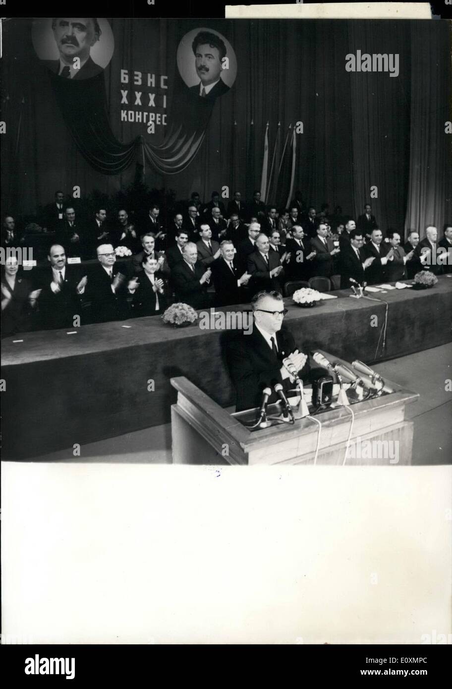 Apr. 04, 1967 - 31st Congress of the Bulgarian Agrarian people's union in Sofia: On April 24th in 1967 Sofia was opened the 31st Congress of the Bulgarian Agrarian People's Union. Present are delegates of the 120,000members of the Union in Bulgaria and 27 delegation from the paysants parties in Europe, Asia, Africa and South America. View of the Presidium of the Congress during the opening ceremony. Speaking is Georgi Traikov secretary of the Union. Stock Photo