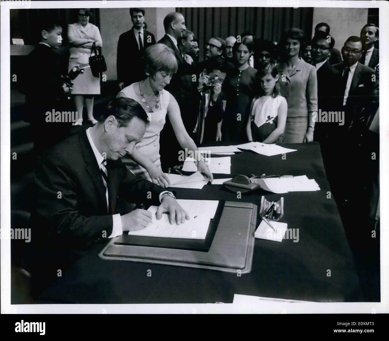 Jun. 06, 1967 - ''Kennedy round '' tariff Agreement signed by US Ambassador Michael Blumenthal Geneva Stock Photo
