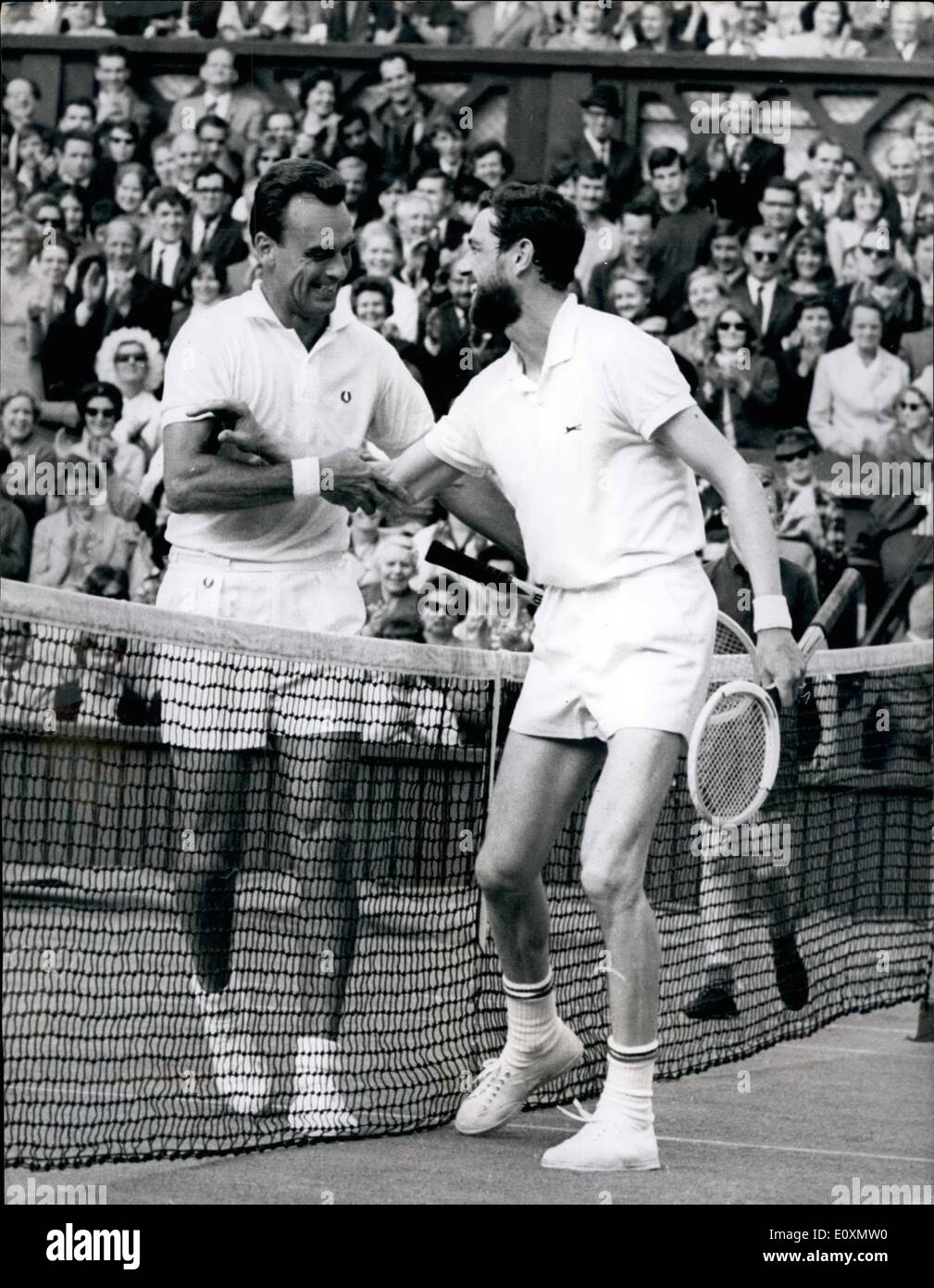 Jun. 06, 1967 - Wimbledon Tennis Championships N.V. Seixas (USA) Beat J. Ulrich (Denmark); Photo Shows N.V. Seixas (USA) received congratulations from J. Ulrich (Denmark) on right after their match yesterday. Seixas won 6-3, 6-4, 3-6, 6-3. Stock Photo
