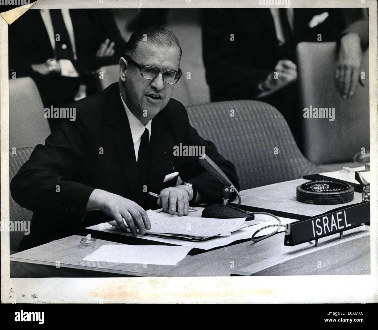 Jun. 06, 1967 - The Security Council tonight unanimously called upon the Governments concerned in the present hostilities in the middle East , ''as a first step, to take forthwith all measures for an immediate  and for a cessation of all military activities in the area''. The Secretary General was asked to keep the councol promptly and currently informed on the situation''. The draft resolution adopted tonight was put forward at the start of the meeting by the President of the Council., Hans R.Tabor (Denmark),  consultations held by council members yesterday and today Stock Photo
