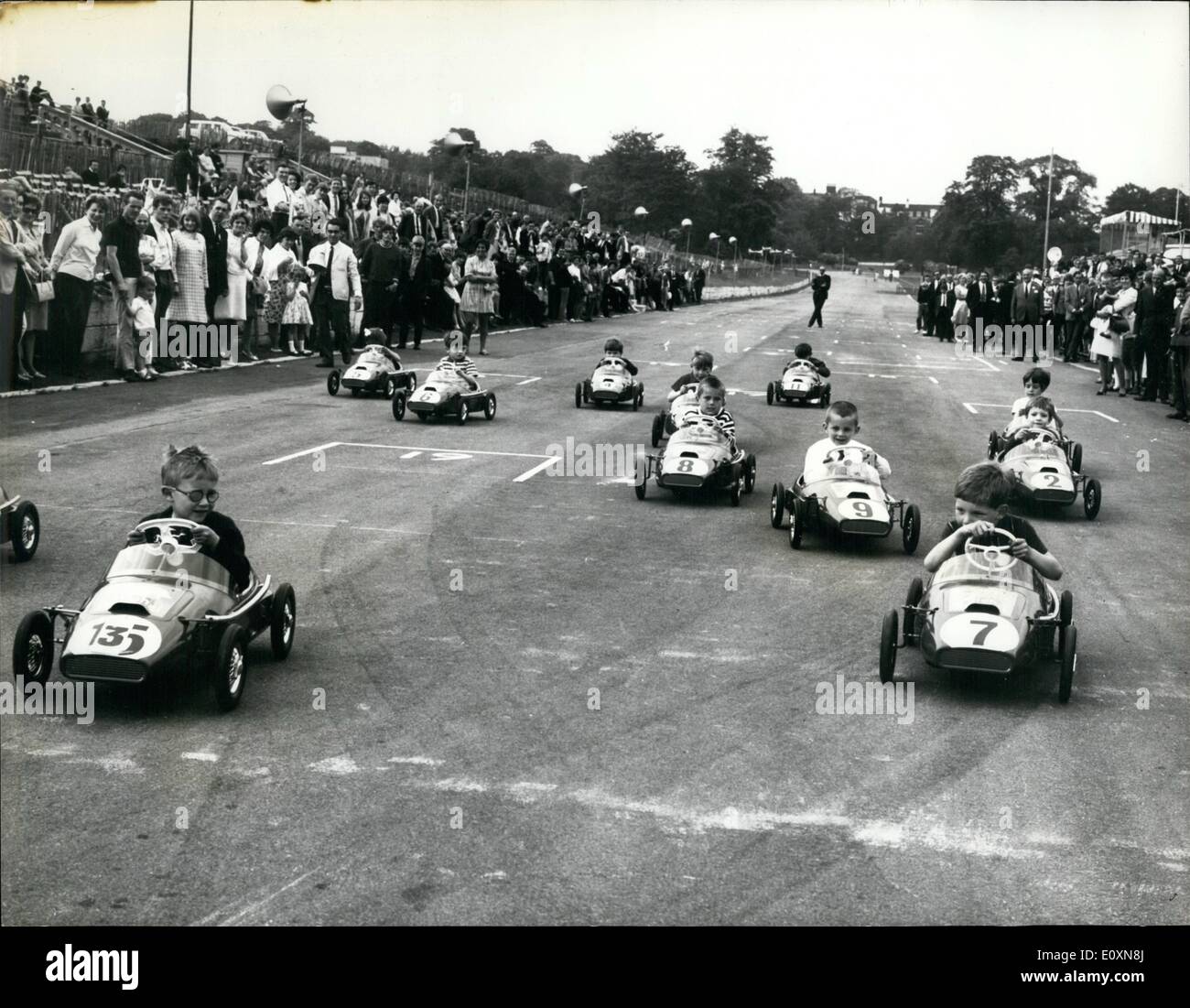 Jun. 06, 1967 - Four and a half year old champion: Photo shows Four and a half year old Andrew Coombe, on left, seen winning the pedal car Junior Grand Prix, at the Crystal Palace motor racing circuit yesterday. Andrew comes form Sydenham, S.E. Stock Photo